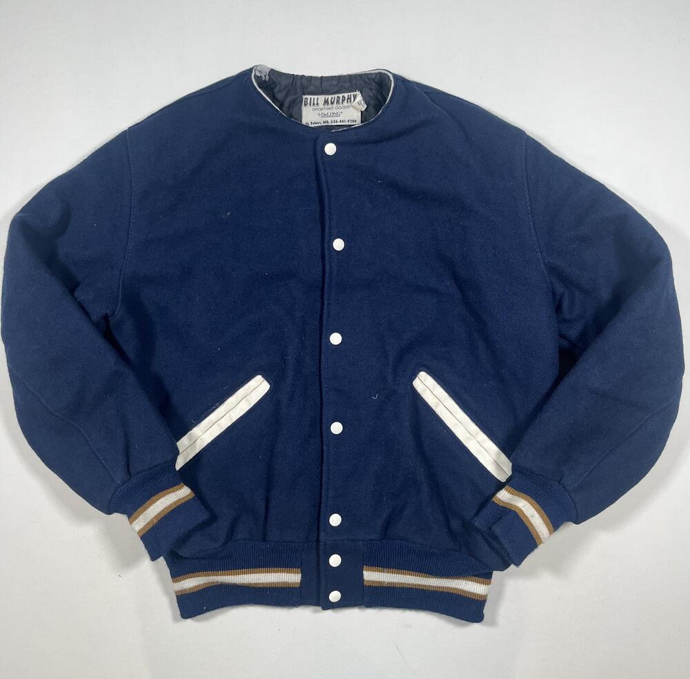DeLong Jacket Mens Large Blue Wool Bomber Varsity Snap Quilted Lined Winter Read